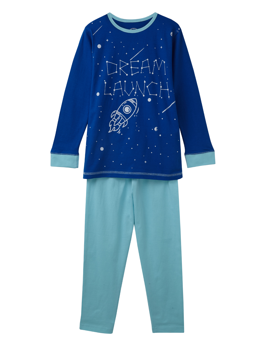 Boys Sleepwear Set - Blue full sleeve tee with Dream launch print and contrast pyjama (EOSS)
