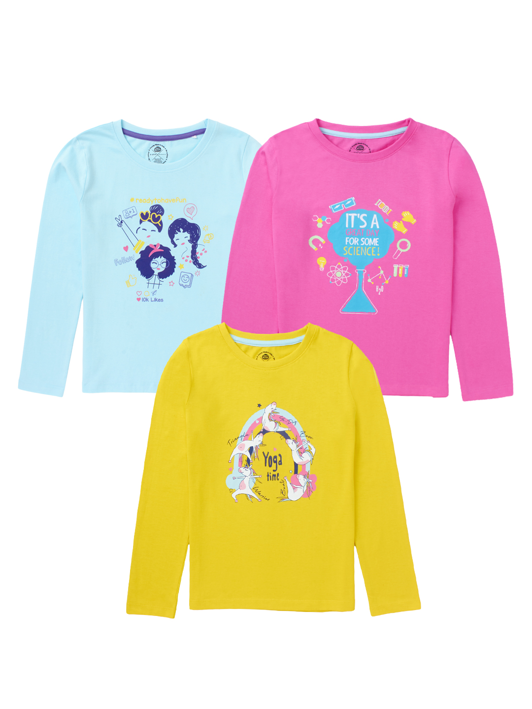 Girls Pack of 3 Full Sleeve T-Shirts - Multicolored