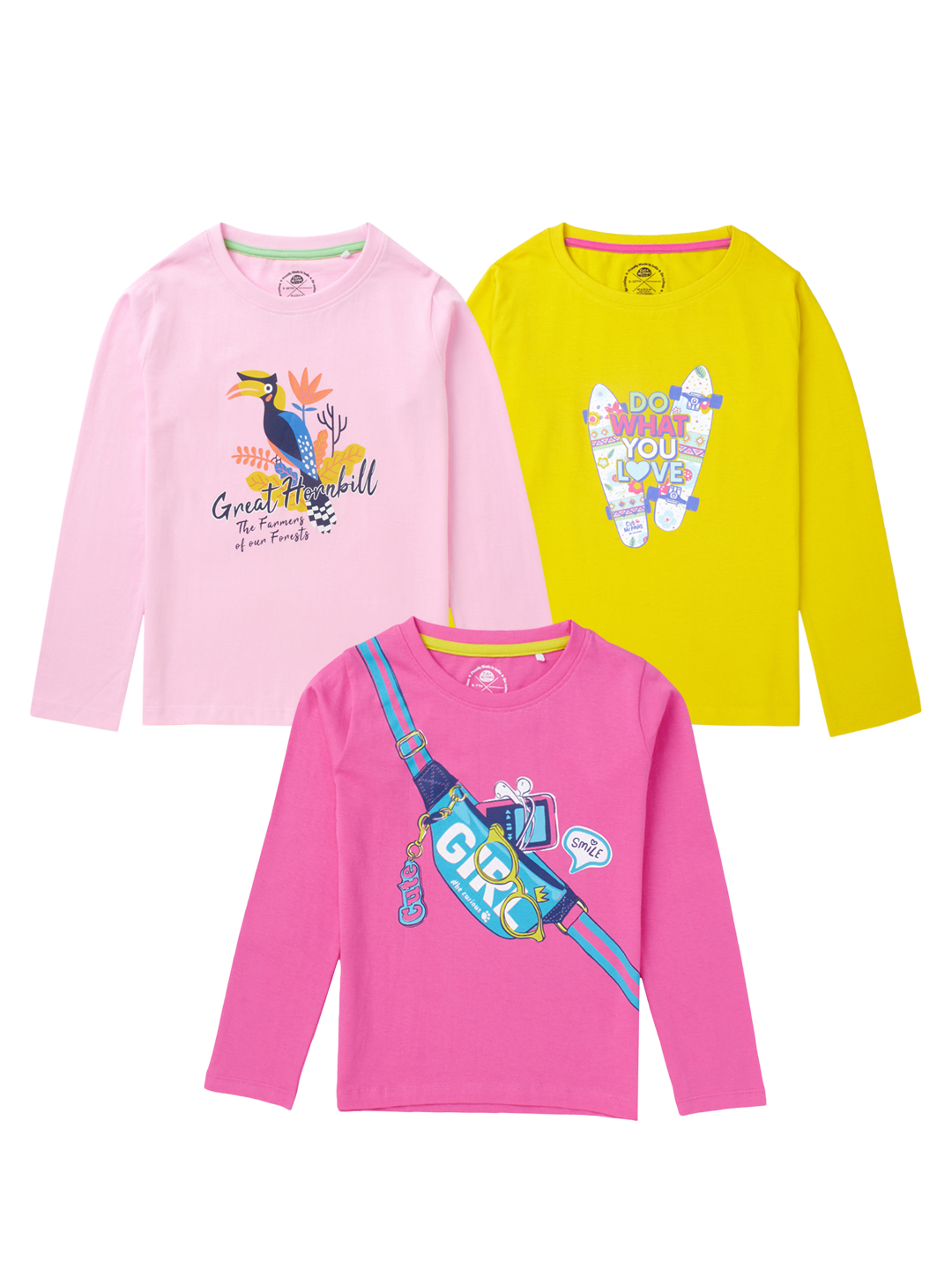 Girls Pack of 3 T-Shirts - Full Sleeves Multi Color
