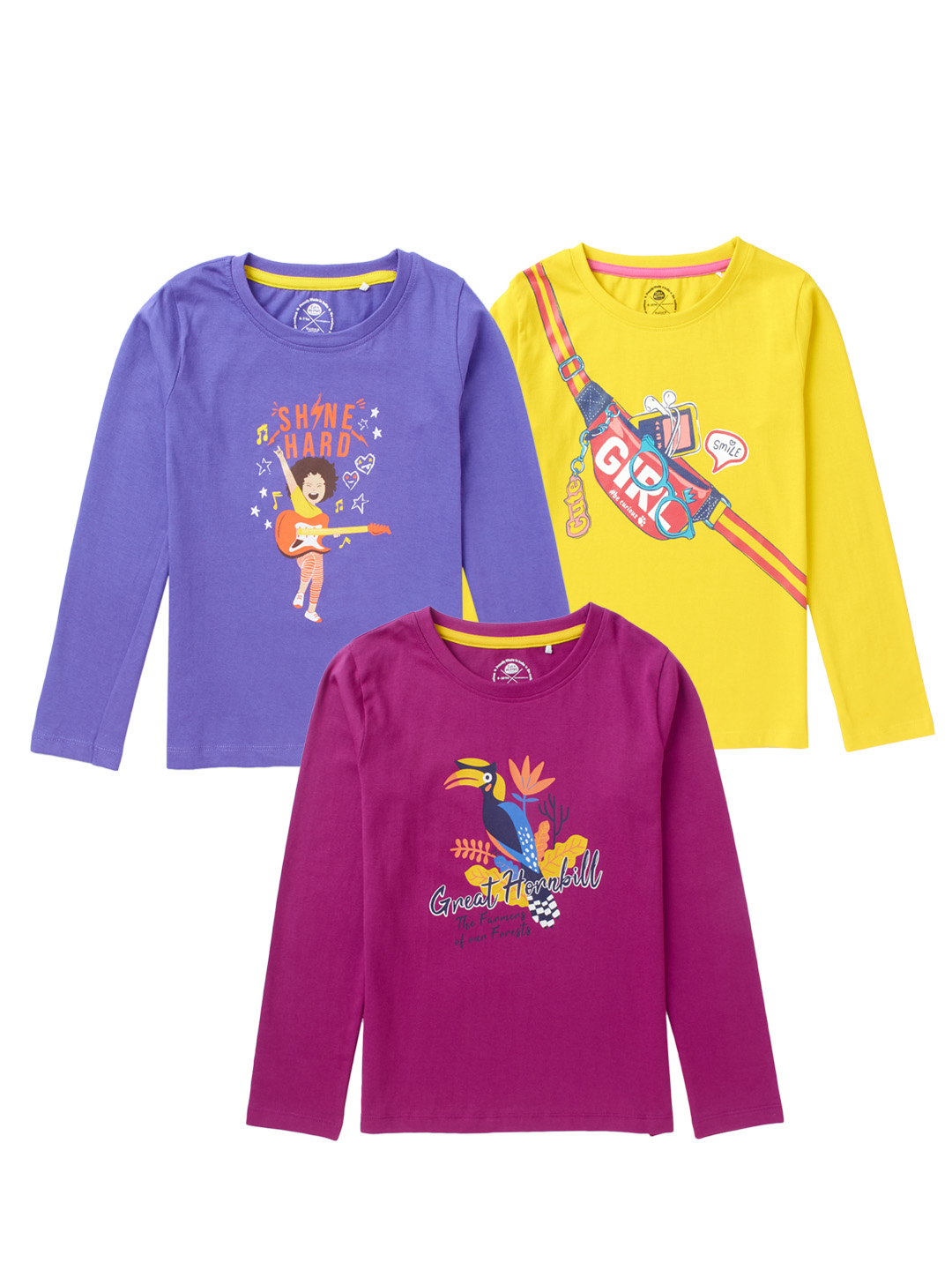 Girls 100% Cotton Full Sleeves Pack of 3 T-Shirts