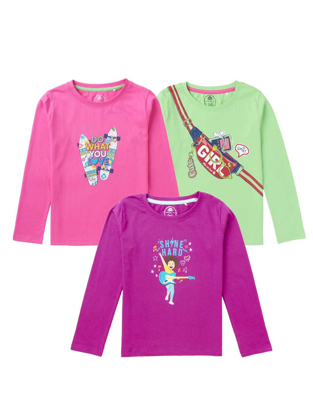 Girls Full Sleeves Pack of 3 T-Shirts 100% Cotton