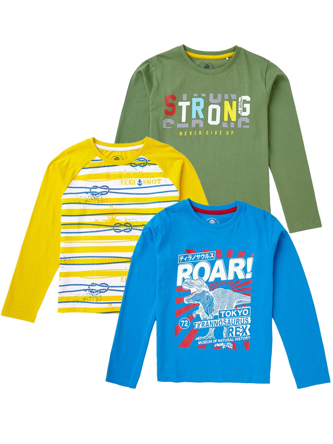 Boys Pack of 3 T-Shirts Full Sleeves,Multicolor