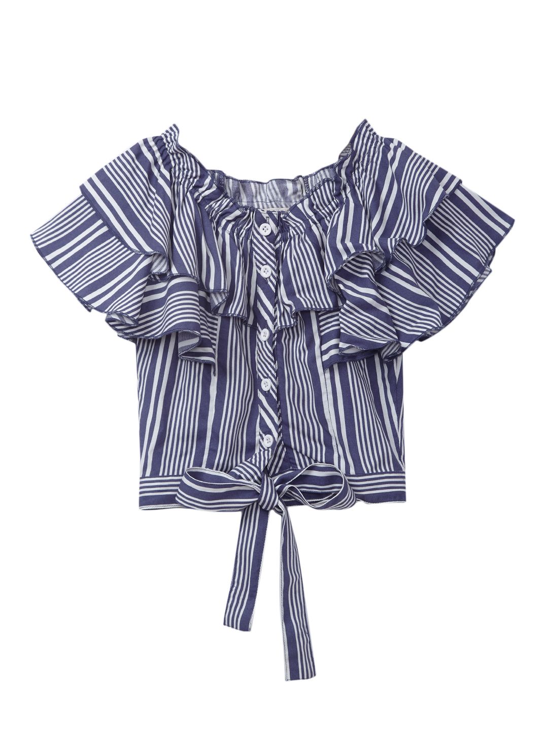Girls Tie Knot Rayon Striped Fashion Woven Top,Blue