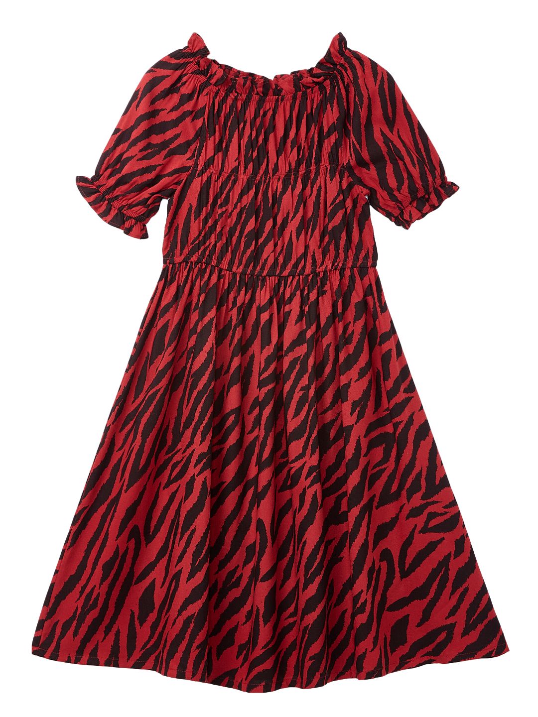 Girls Short Sleeves Animal Printed Rayon Red Dress