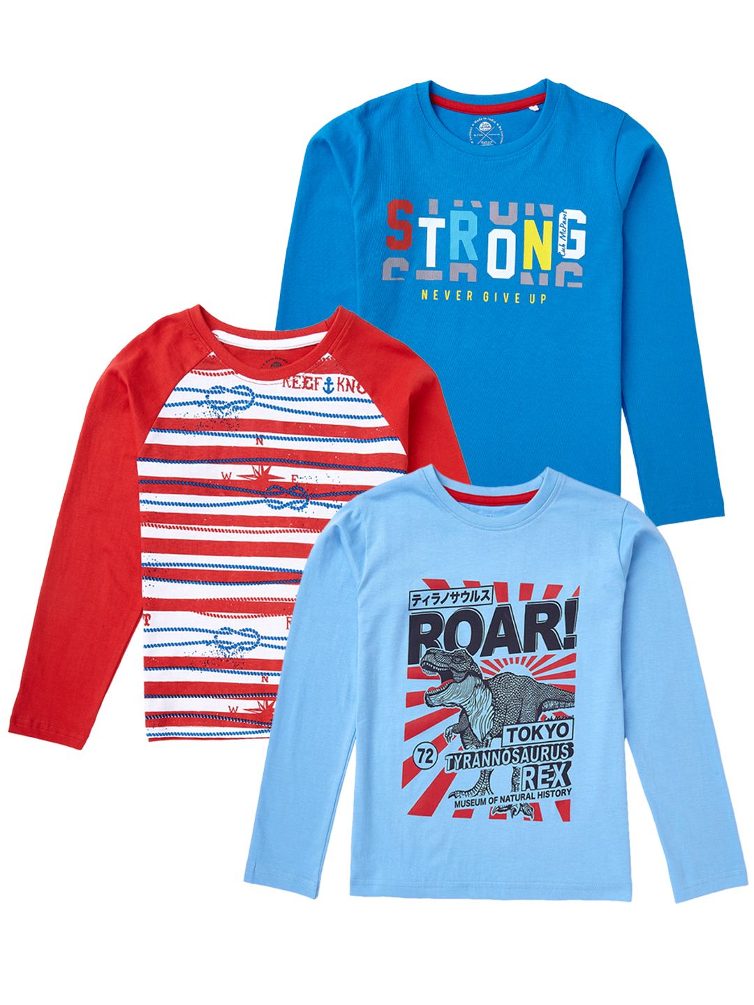 Boys Pack of 3 T-Shirts Full Sleeves,Multicolor