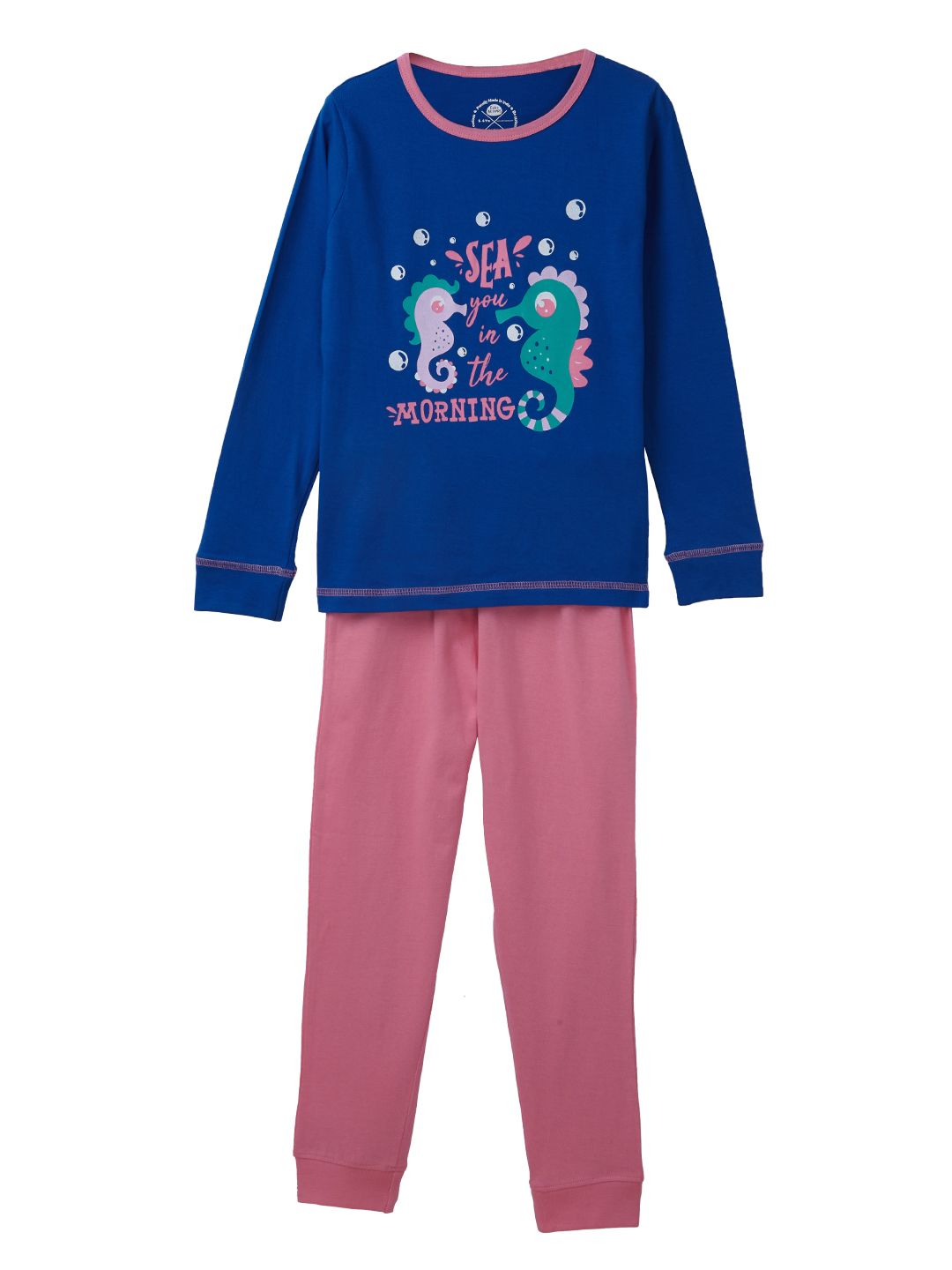 Girls Sleepwear Set - Candy Blue full sleeve tee with Seahorse print and contrast pyjama (EOSS)