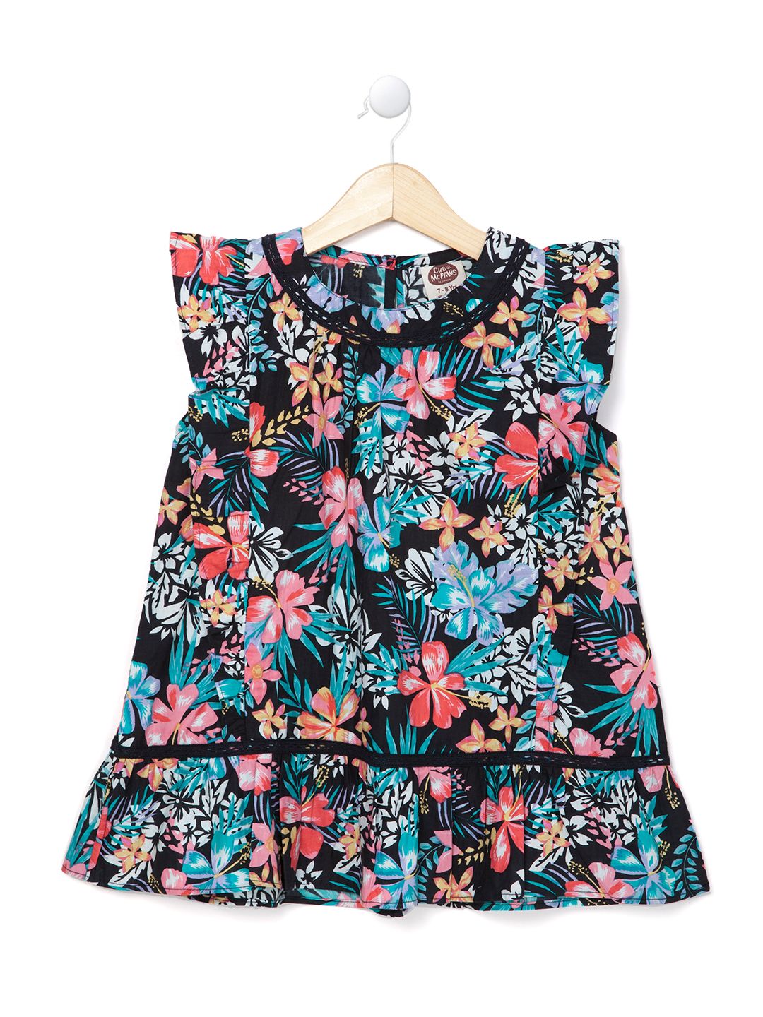 Girls Top Cotton Black Tropical Floral Print for 4-12 Years