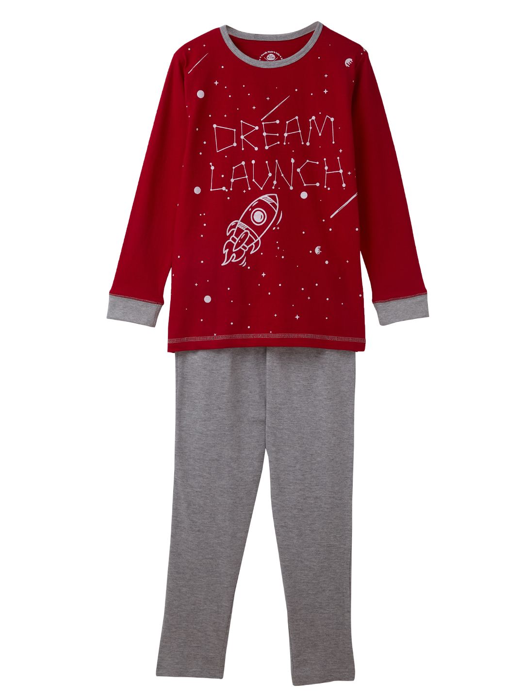 Boys Sleepwear Set - Red full sleeve tee with Dream launch print and contrast pyjama (EOSS)