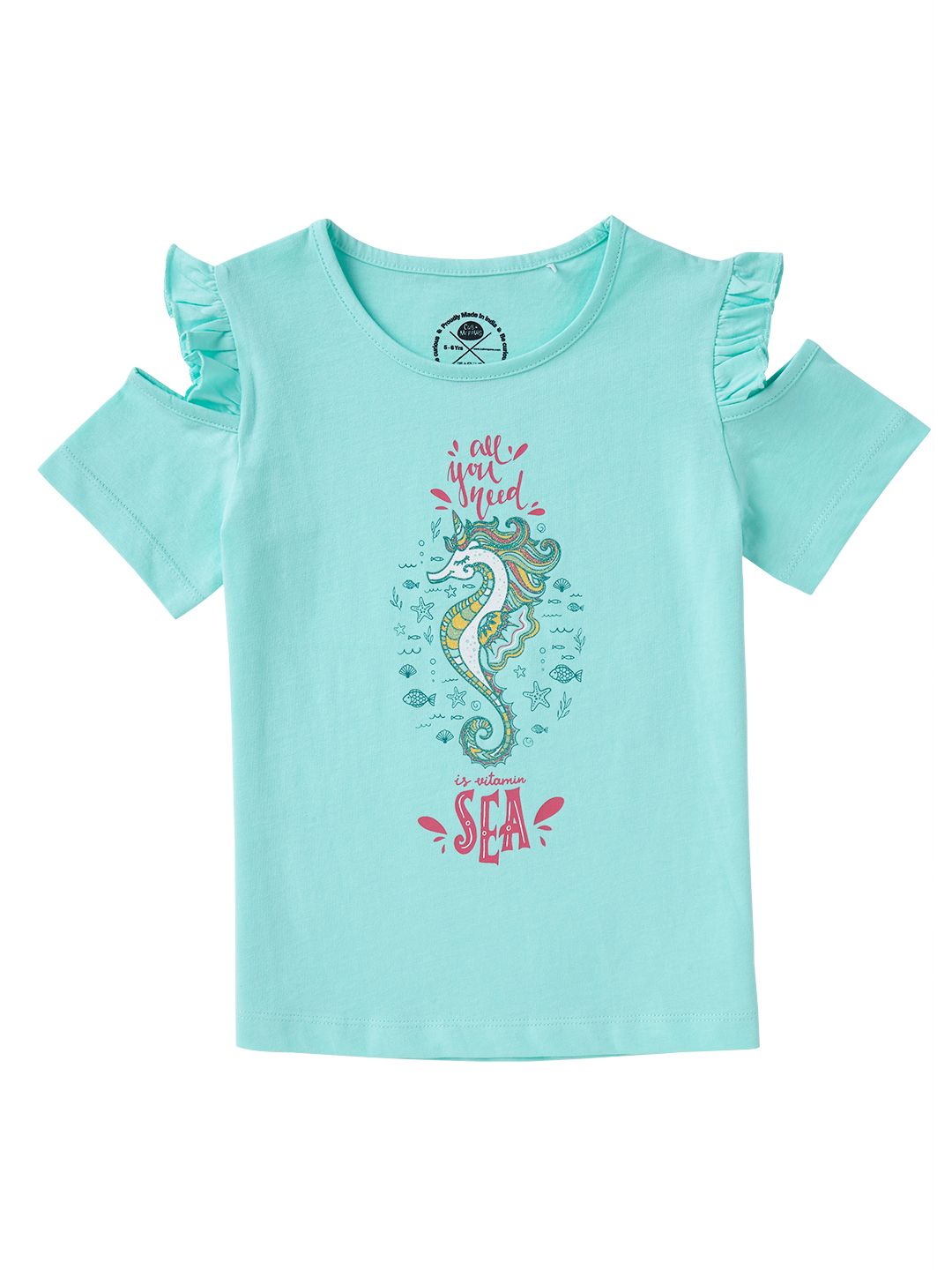 Sea Green Cold Shoulder Fashion T-shirt for Girls | Glitter Print (EOSS)