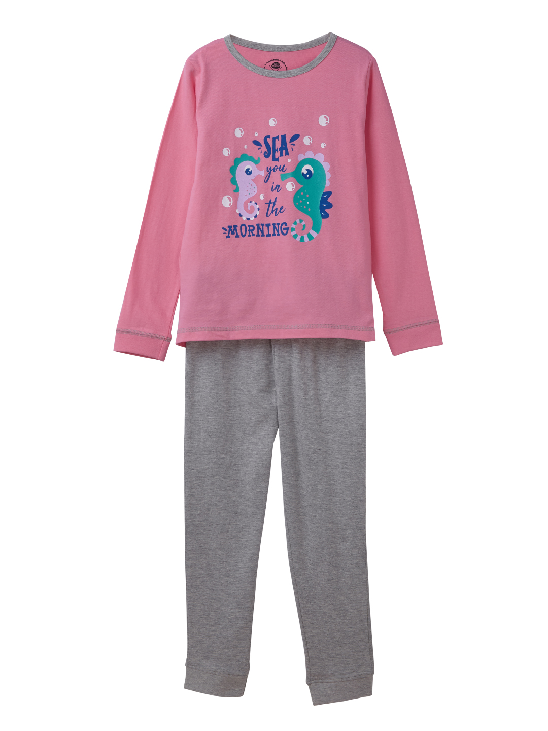Girls Sleepwear Set - Candy pink full sleeve tee with Seahorse print and contrast pyjama (EOSS)