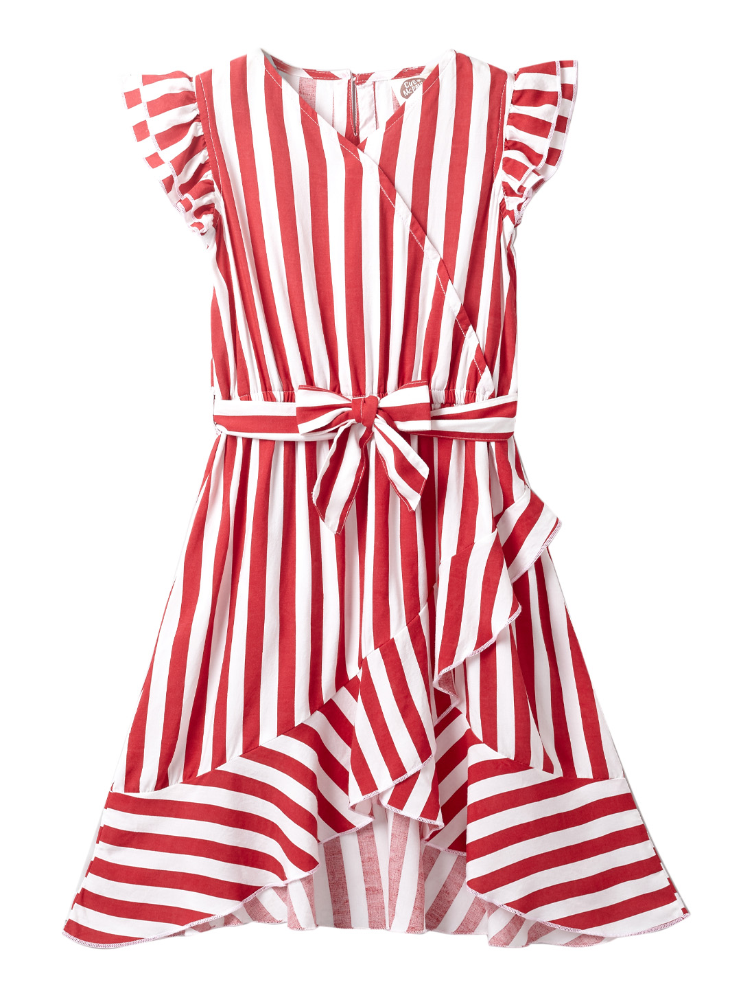 Girls Fashion Red Striped Dress - High Low Hem with Ruffle Wrap Dress