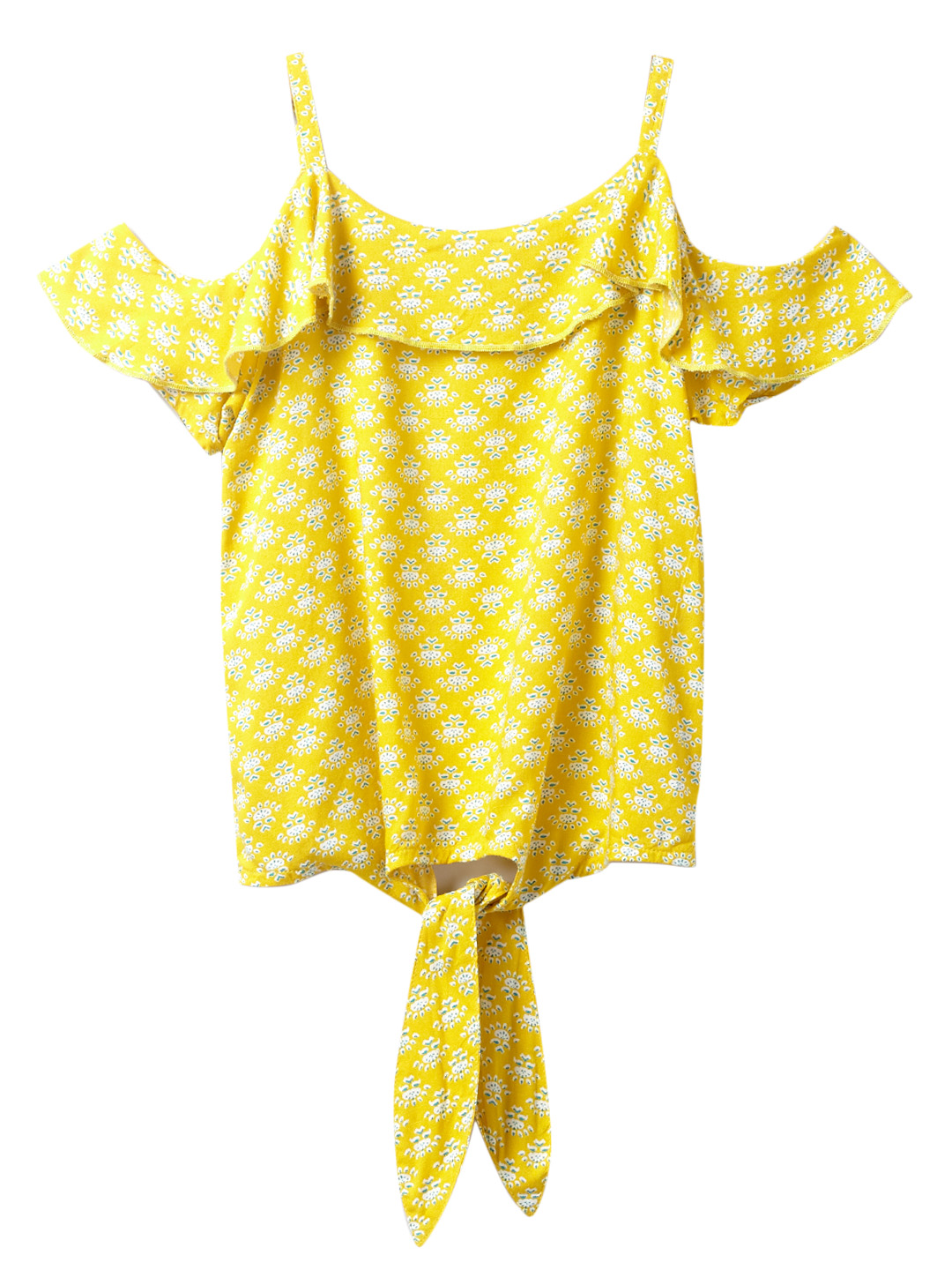 Girls Fashion Yellow Woven Top with Cold-shoulder & Tie-ups