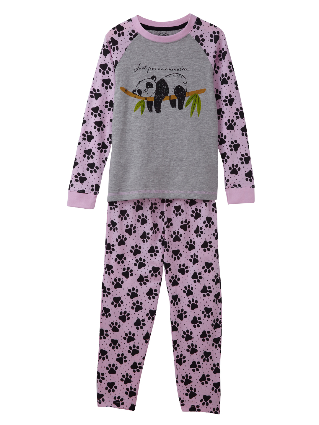 Girls Sleepwear Set - Grey melange raglan sleeve tee with Panda print with Pajama (EOSS)
