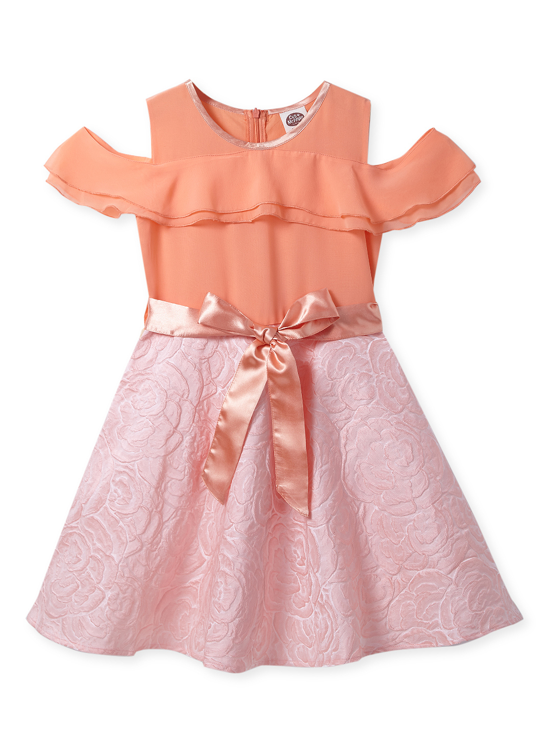 Girls Peach Party Wear Frock Cold Shoulder with Satin Belt