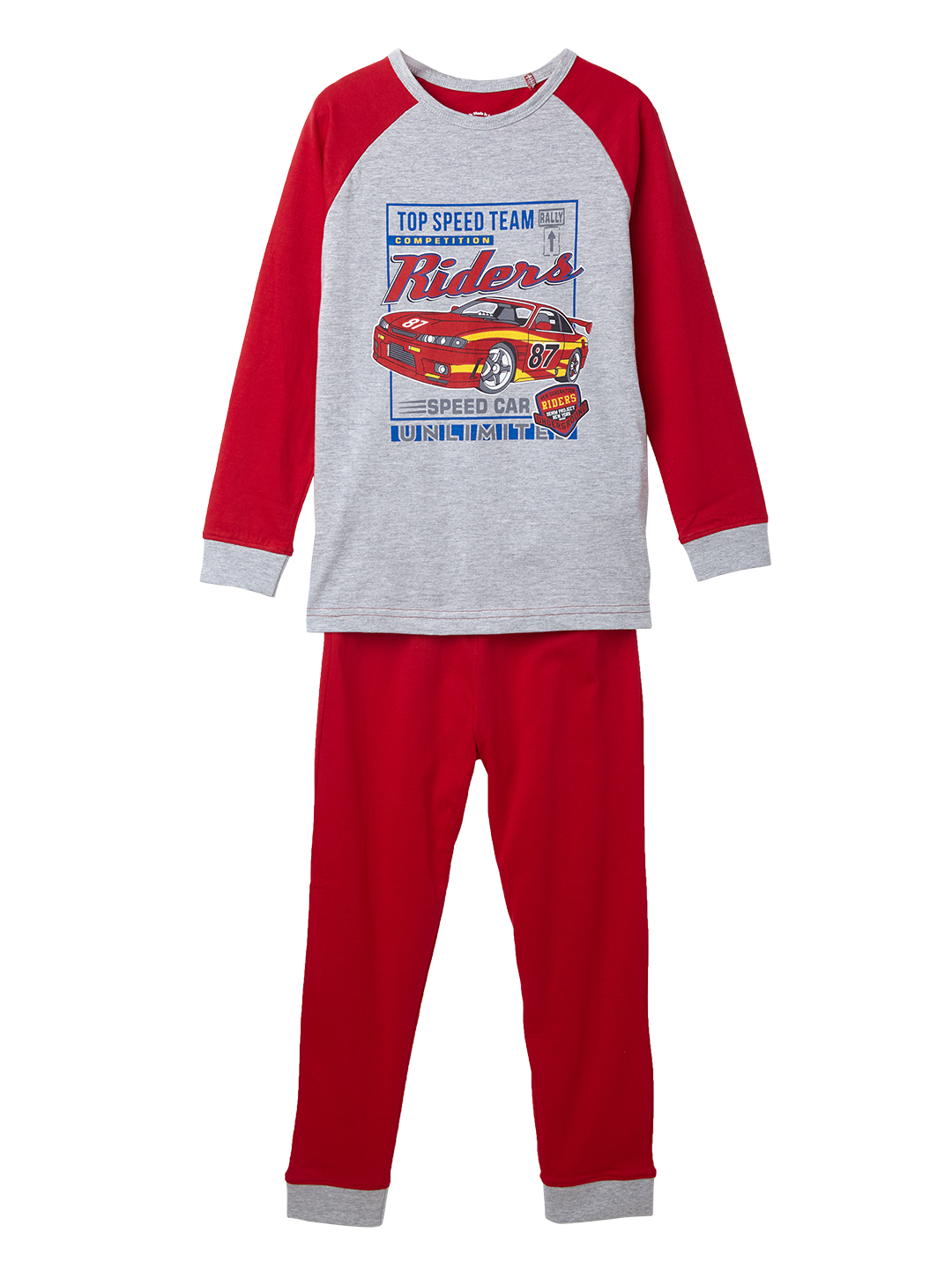 Boys Sleepwear Set - Red raglan full sleeve tee with Riders print and pyjama (EOSS)