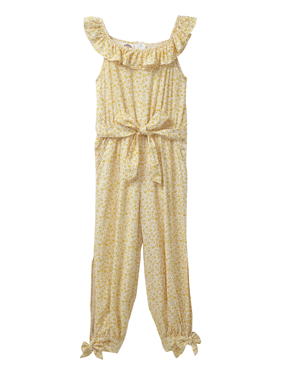 Ruffle Neck Jumpsuit for Girls with side slits and cuff Hem with Tie Knot